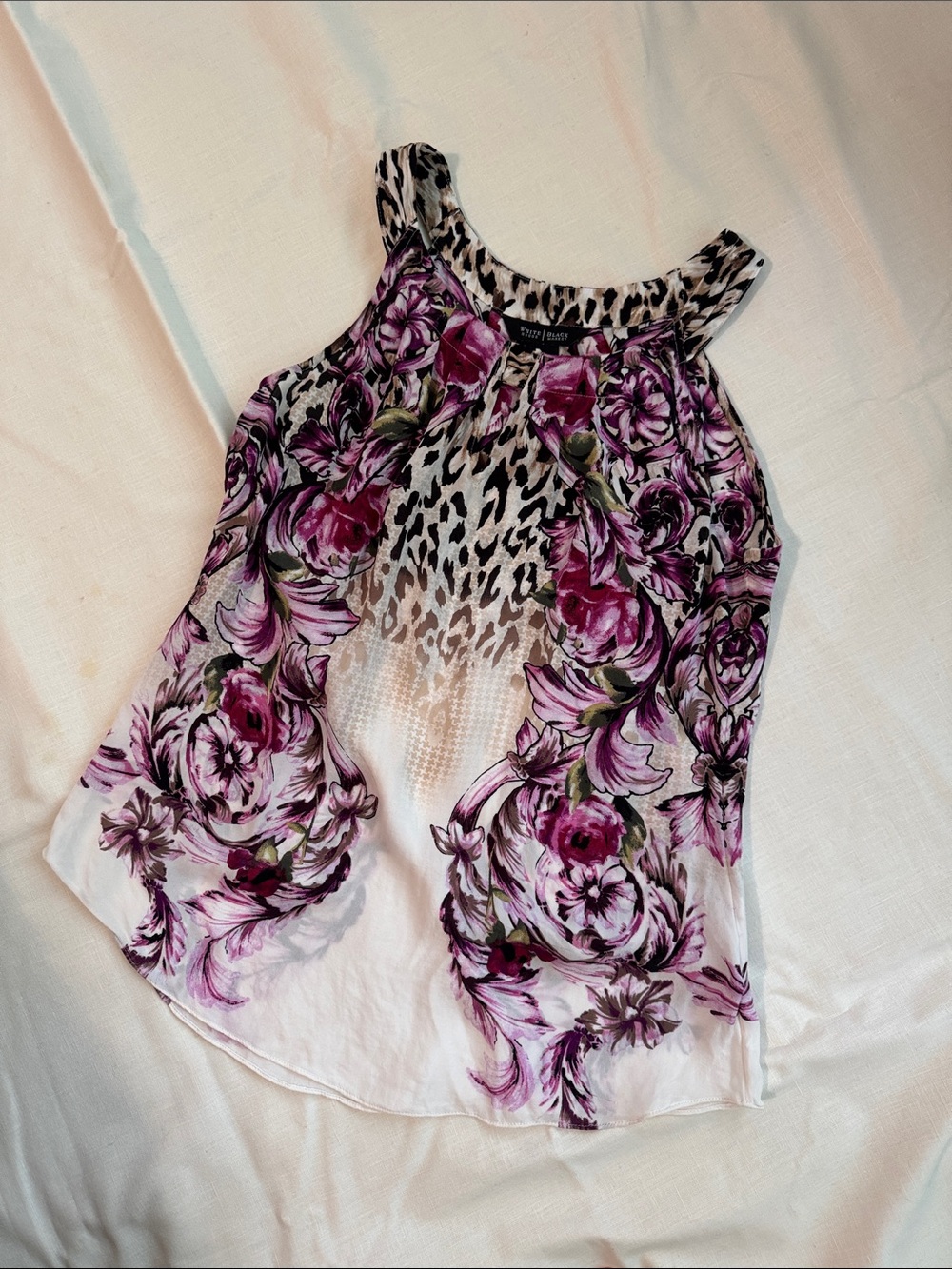 White House Black Market Silk Tank with Purple Floral & Leopard pattern